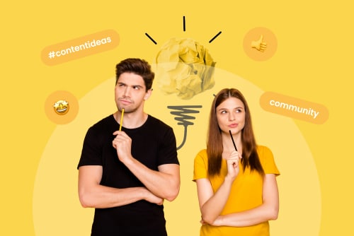 man in back and woman in yellow shirts with hashtags content ideas and community in the background