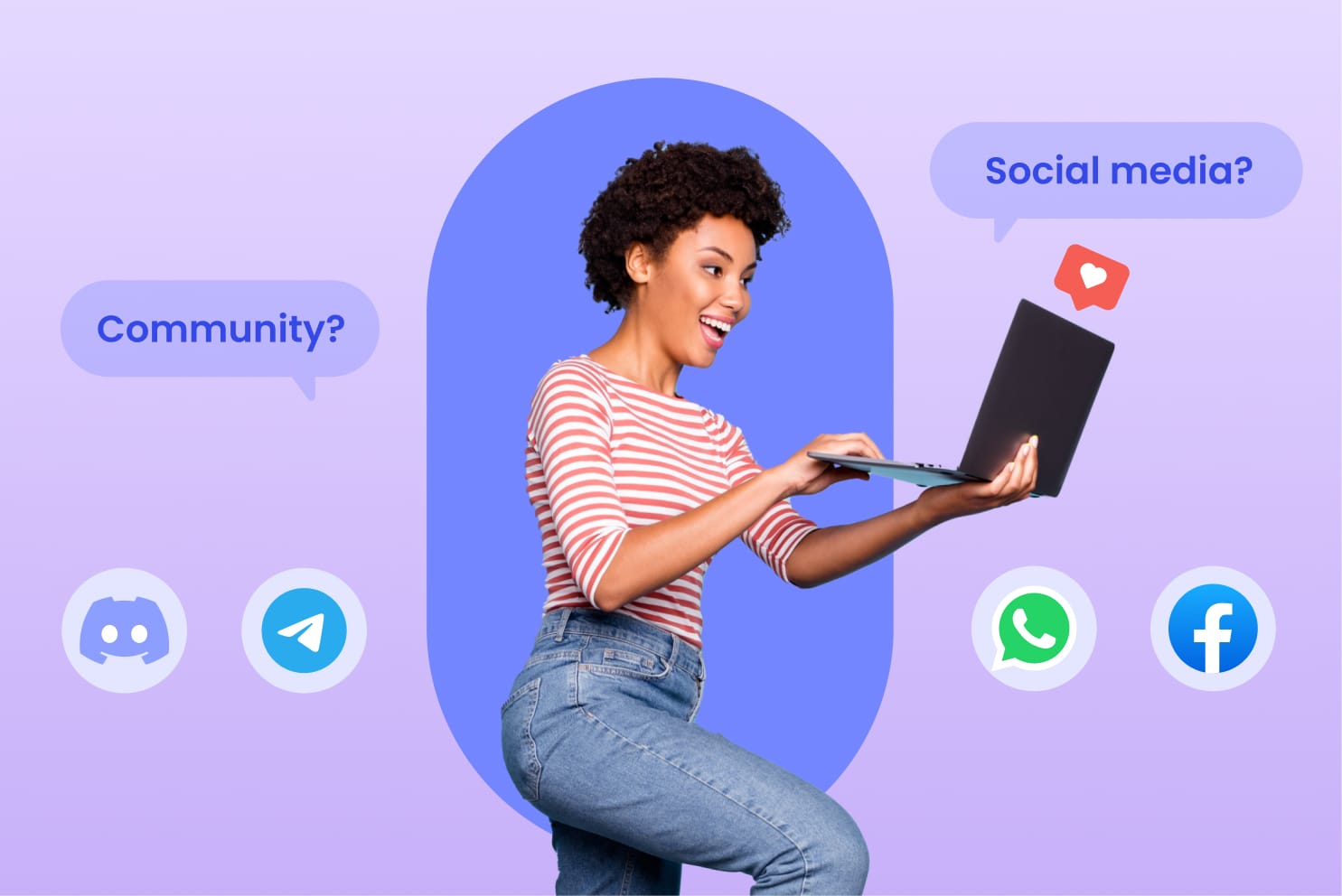 woman holding a laptop with social media and community platforms in the background