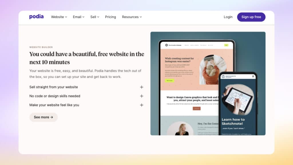 podia landing page screenshot