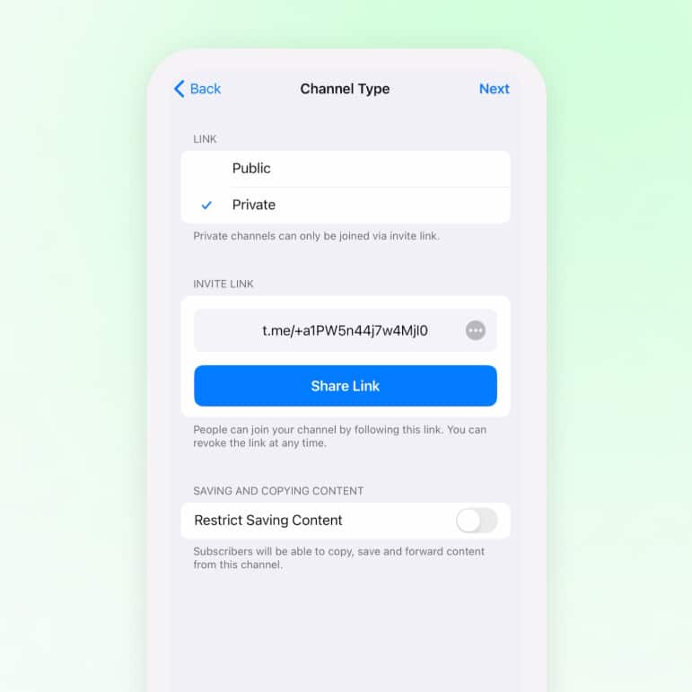 set telegram channel to public or private
