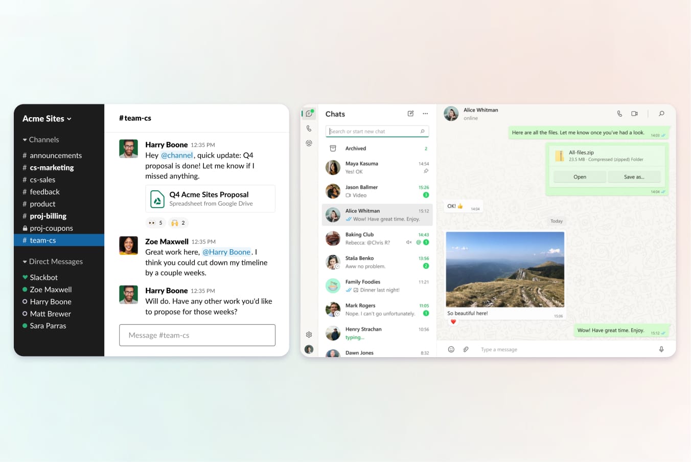 side by side comparison of slack and whatsapp