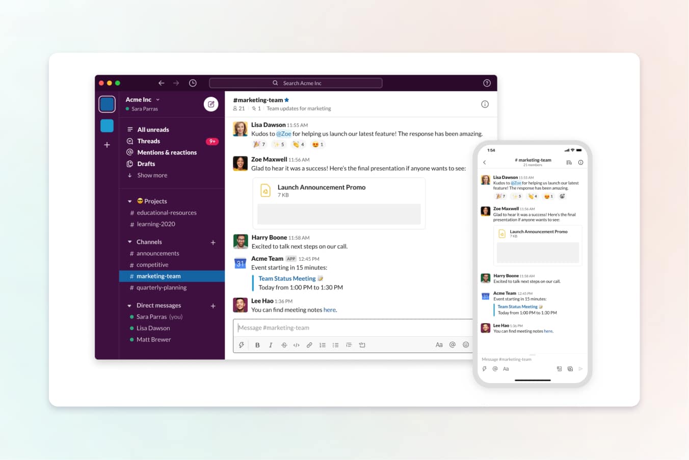 slack user interface screenshot on mobile and desktop view