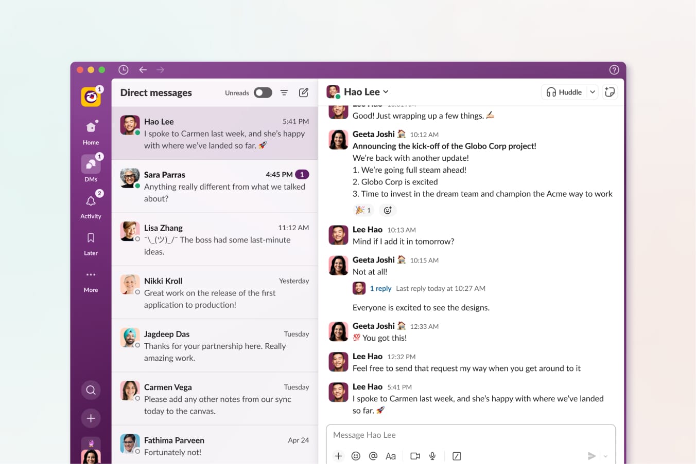 Slack direct messages interface