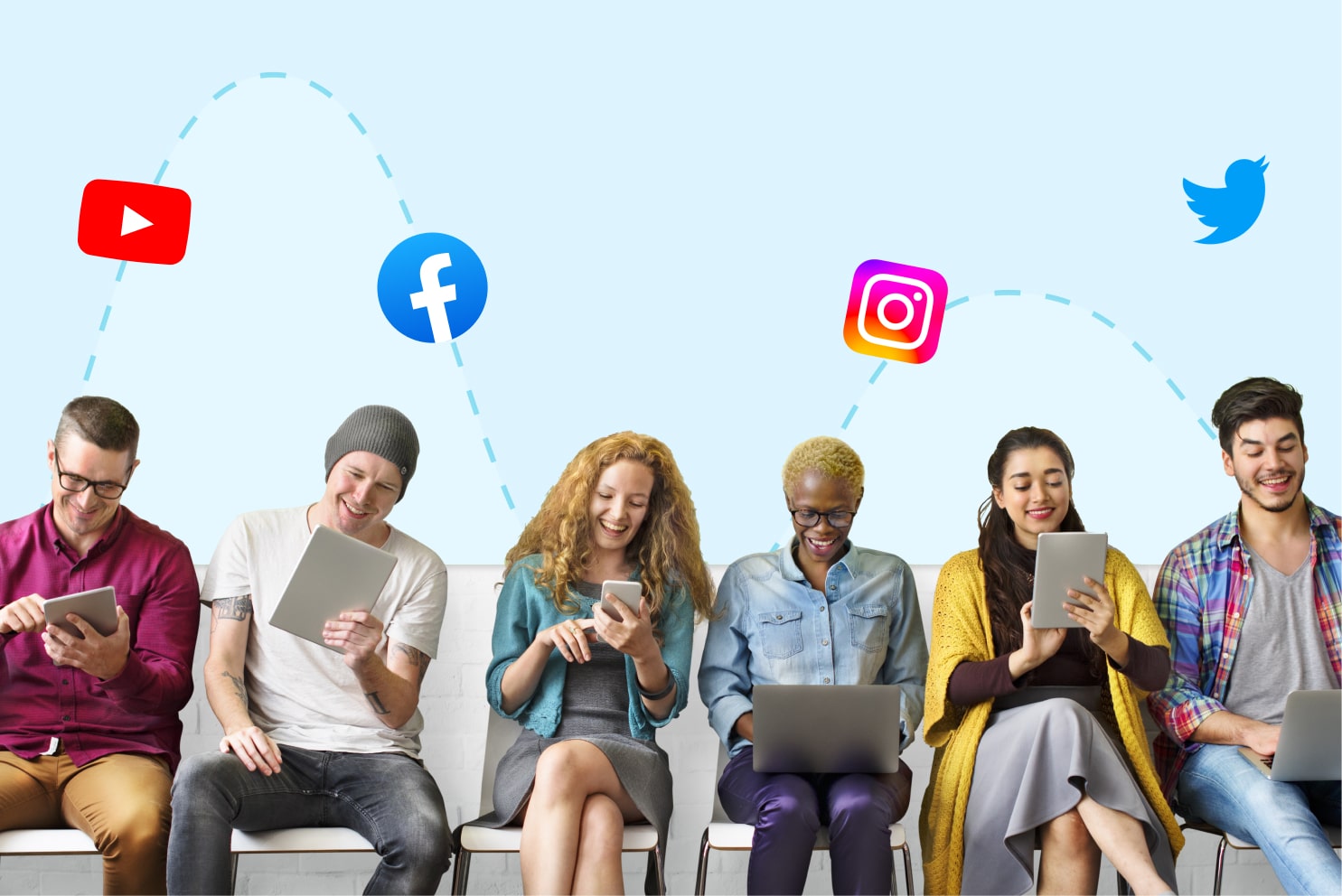 six people with laptops with social media platforms logo on top