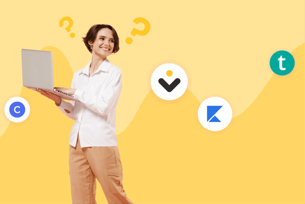 person holding a laptop with online courses logo background