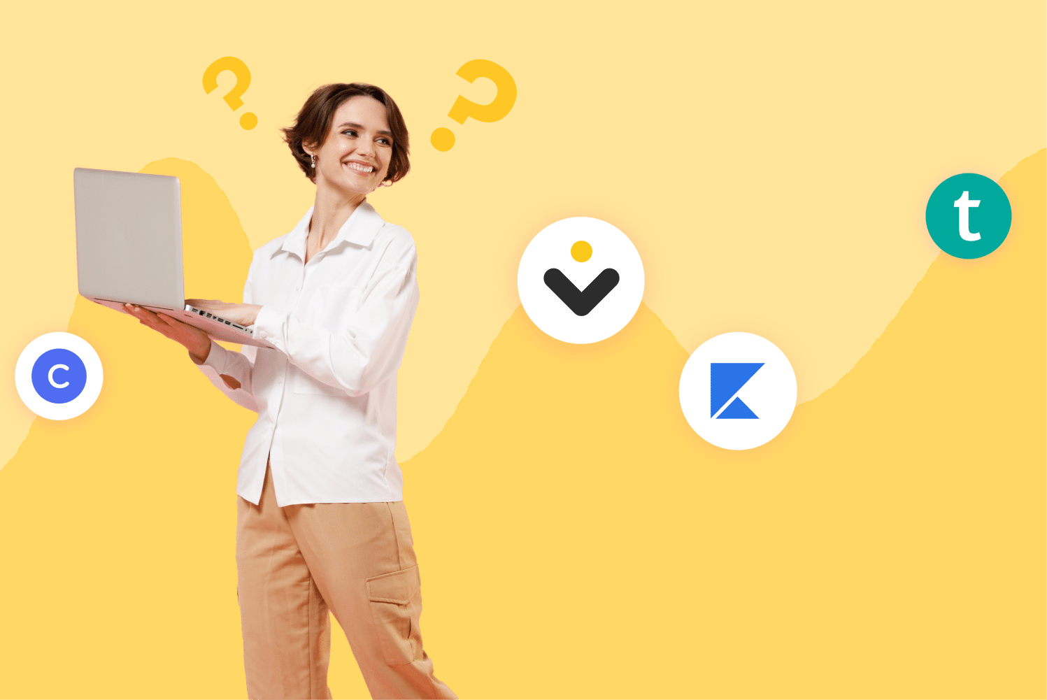 person holding a laptop with online courses logo background