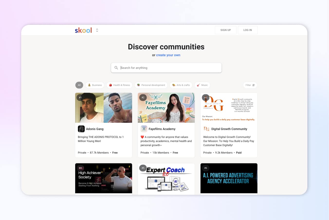 skool website landing page