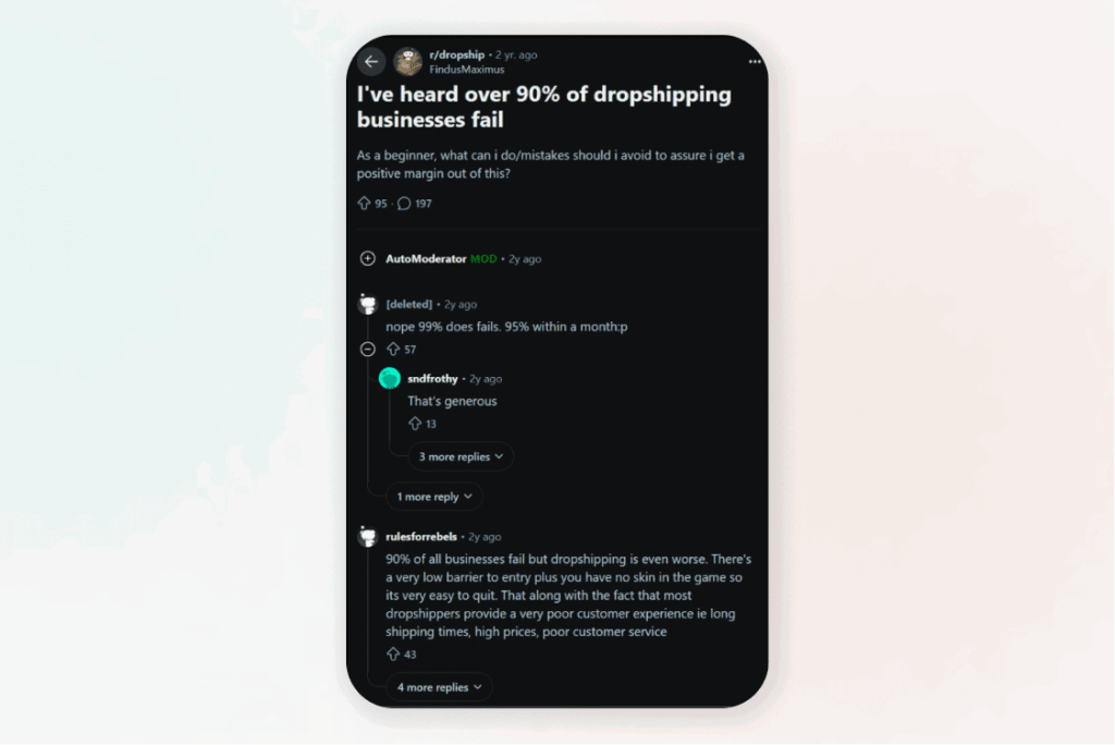 Screenshot of a Reddit discussion thread on r/dropship where users claim that 90% to 99% of dropshipping businesses fail, with some failing within the first month.