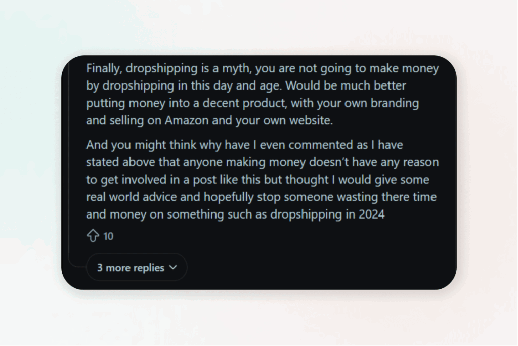 A Reddit comment asserting that dropshipping is no longer viable in 2024, suggesting that sellers invest in creating branded products and selling on Amazon instead.