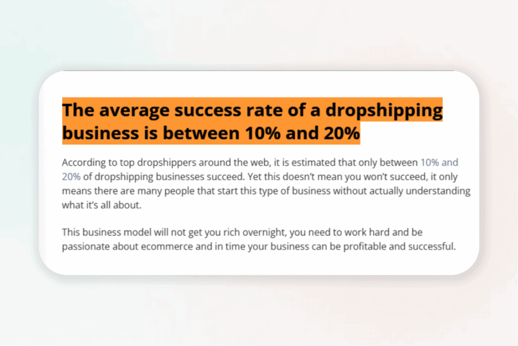 Highlighted statistic stating the average success rate of a dropshipping business is between 10% and 20%, emphasizing that most people start without understanding the model.