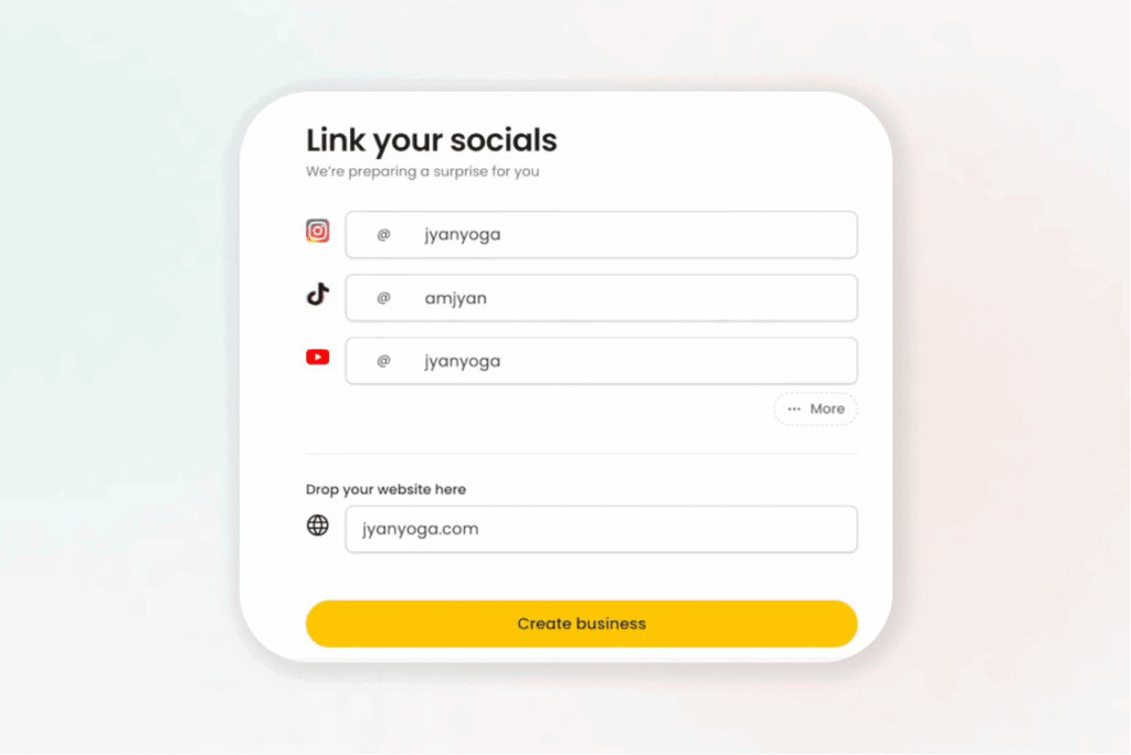 Nas.com setup screen prompting users to link their Instagram, TikTok, and YouTube accounts and enter a website URL to auto-generate a digital business.