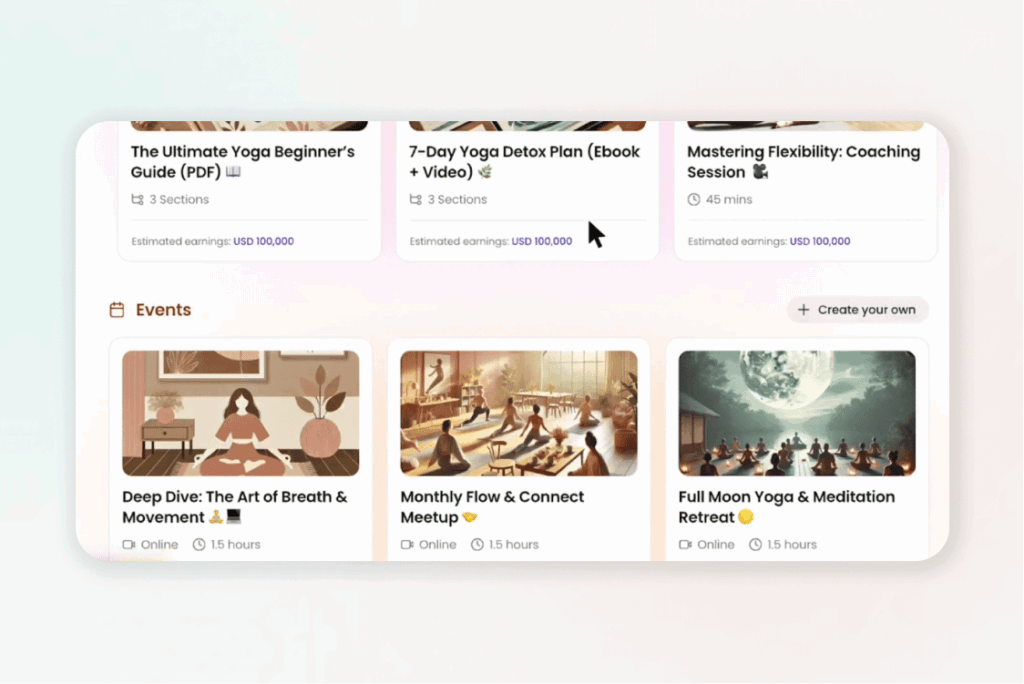 Nas.com dashboard showcasing digital products and events like a Yoga Beginner’s Guide PDF, 7-Day Detox Plan, and group sessions such as Full Moon Yoga Retreat.