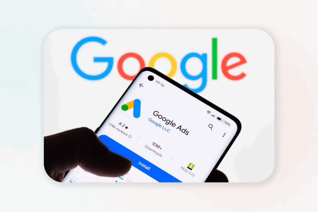 Smartphone showing Google Ads app for digital advertising and online earnings.