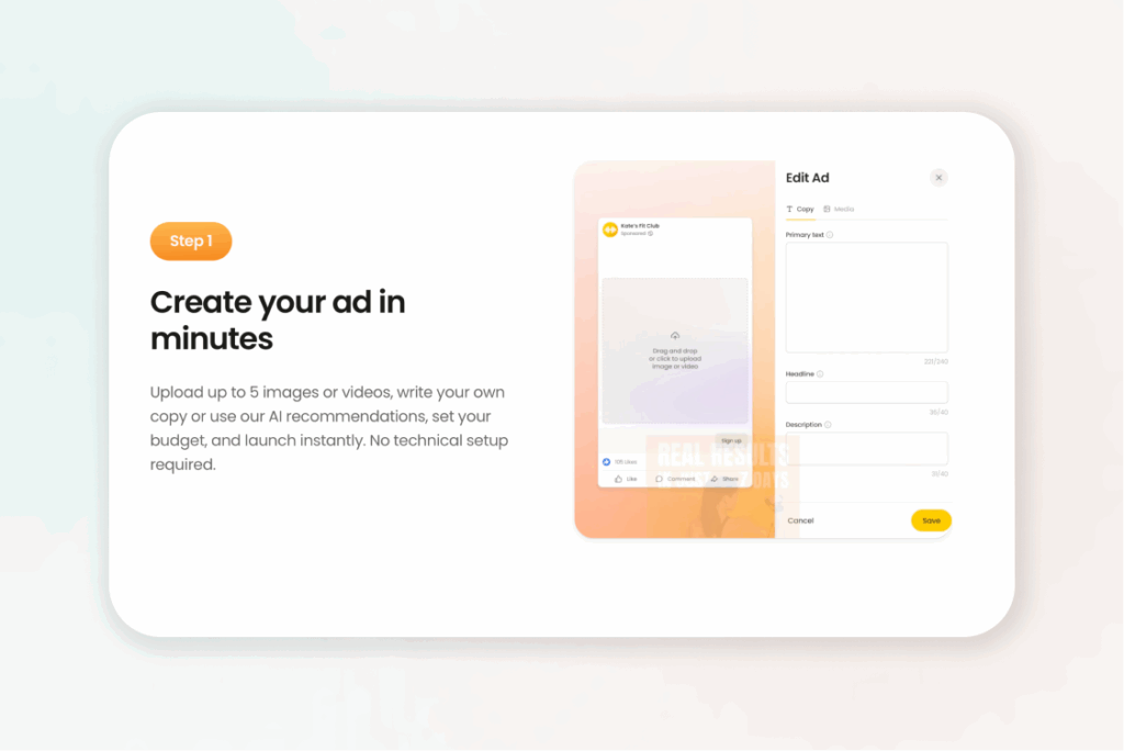 Nas.com ad creation screen – step to create Facebook and Instagram ads in minutes.