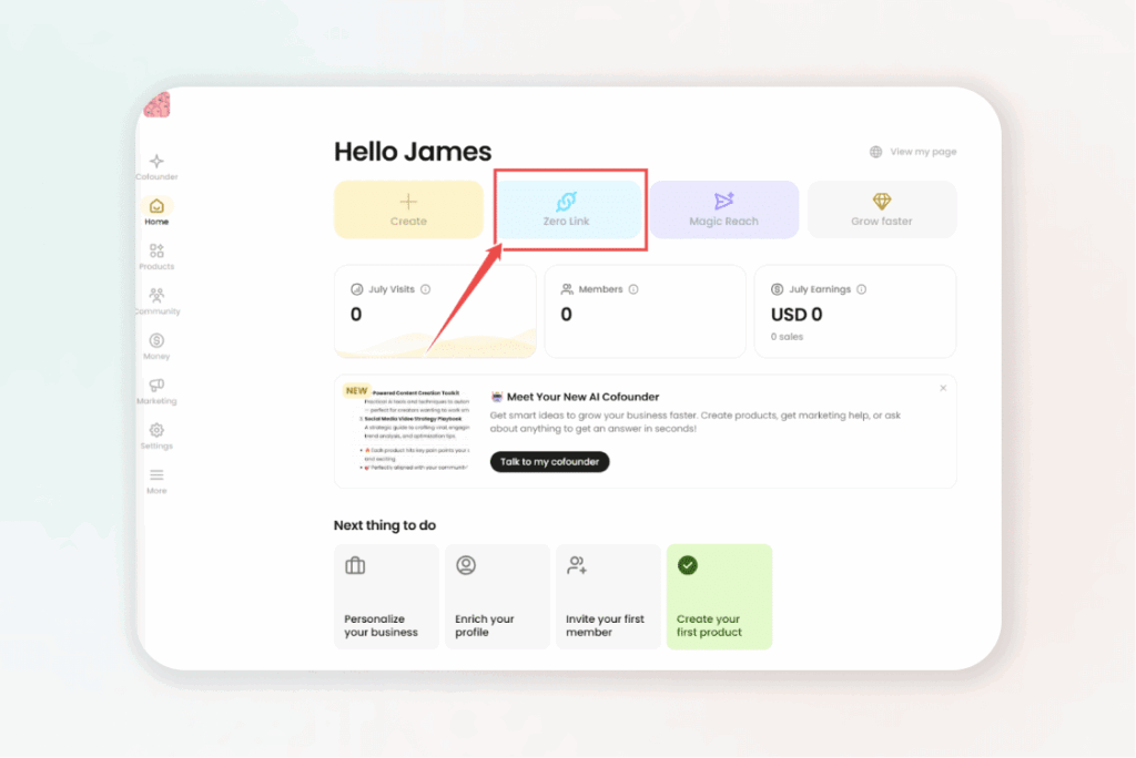 Nas.com creator dashboard highlighting Zero Link feature for selling digital products and memberships without building a website.