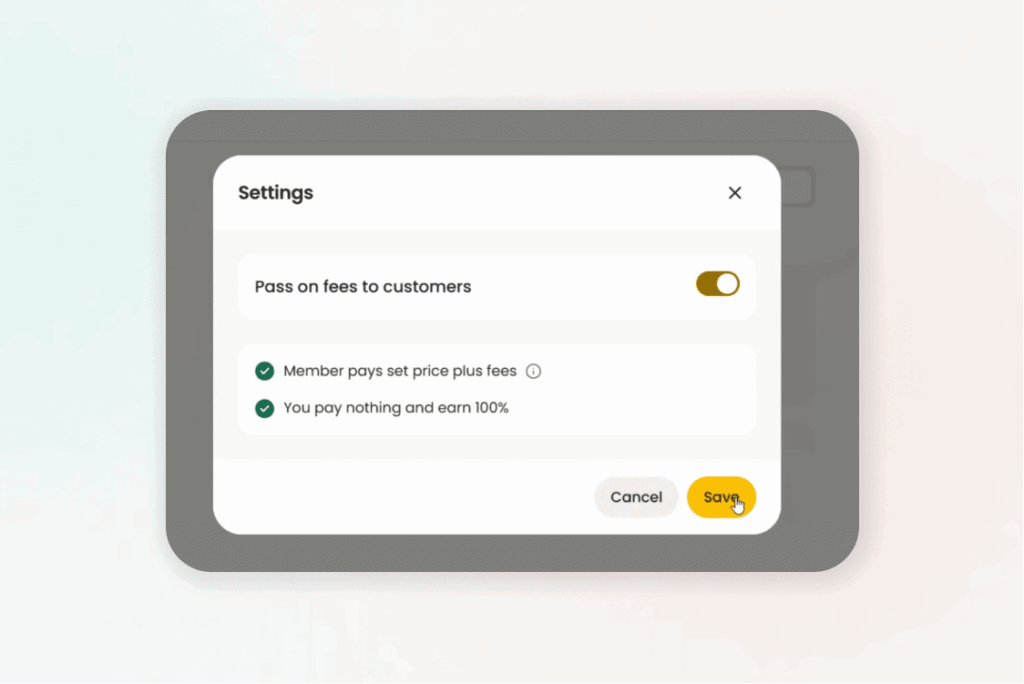 Nas.com settings page showing toggle option to pass transaction fees to customers, allowing creators to earn 100% of sales.