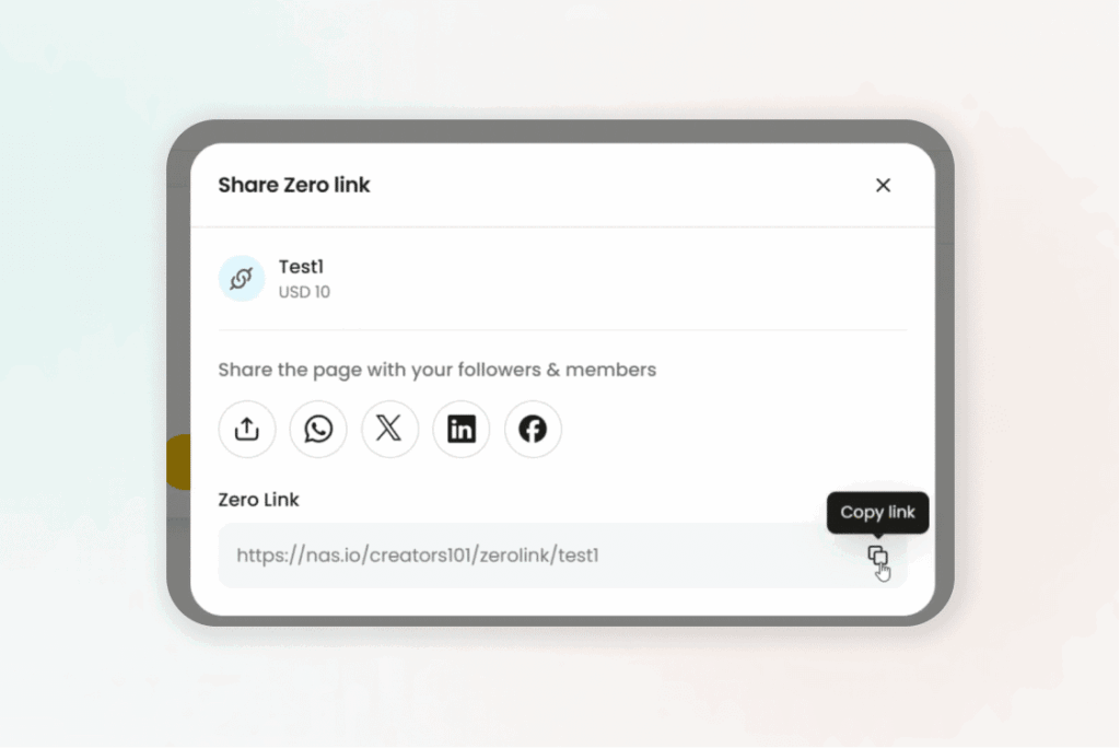 Nas.com Zero Link sharing window with options to copy and share payment link via WhatsApp, Twitter, LinkedIn, and Facebook.