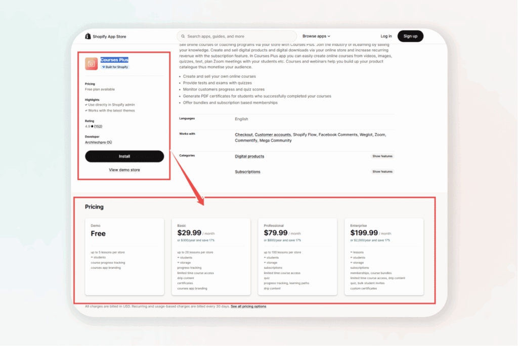 Shopify Courses Plus app pricing page displaying free, basic, professional, and enterprise plans for creating and selling online courses.
