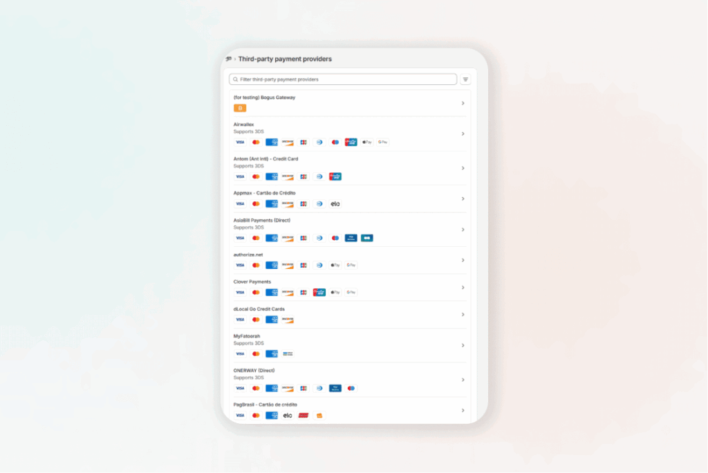 List of Shopify third-party payment providers supporting multiple credit cards and payment methods for online store checkout.