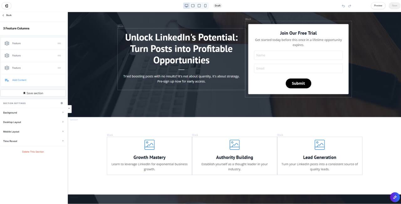 Kajabi landing page editor showing generic AI-generated copy