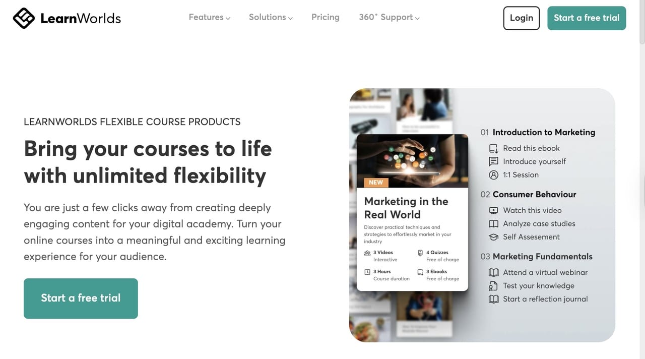 LearnWorlds screenshot showing online course learning management system
