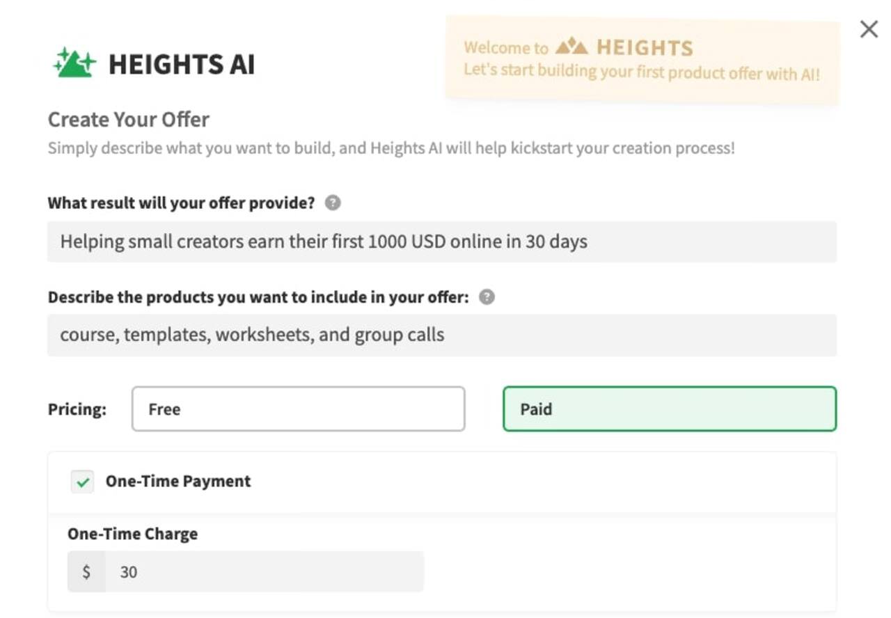 Heights AI product creation interface with format and pricing options