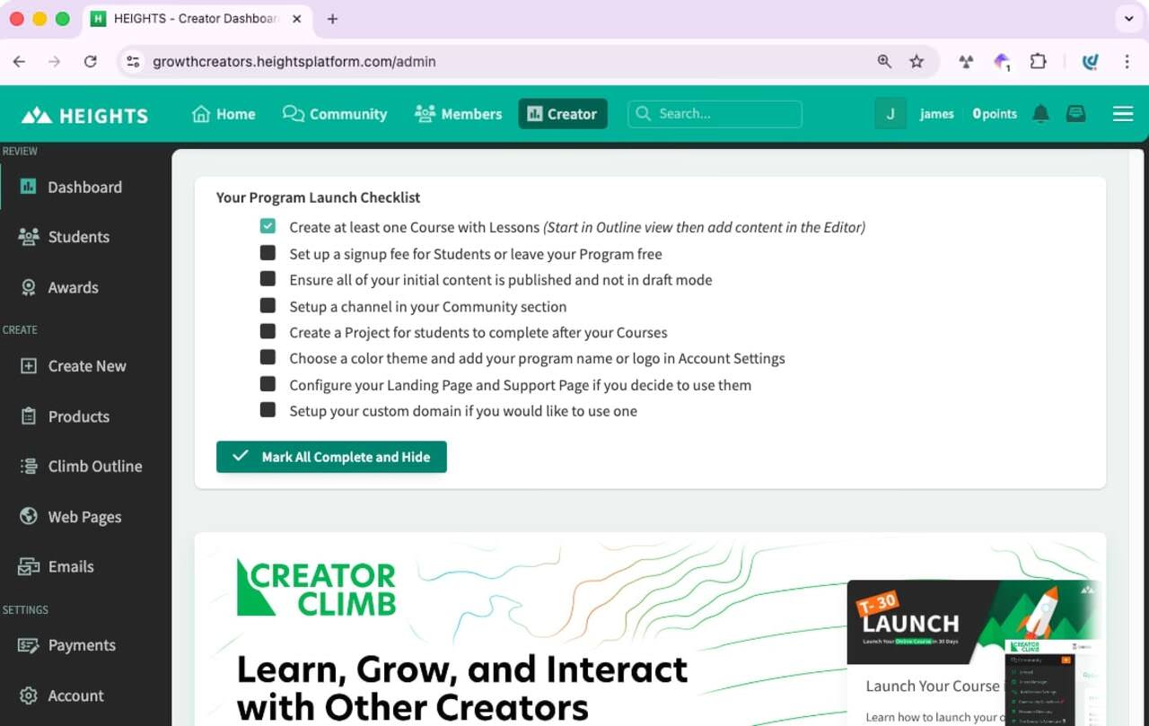 Heights AI platform homepage showing AI course creation features