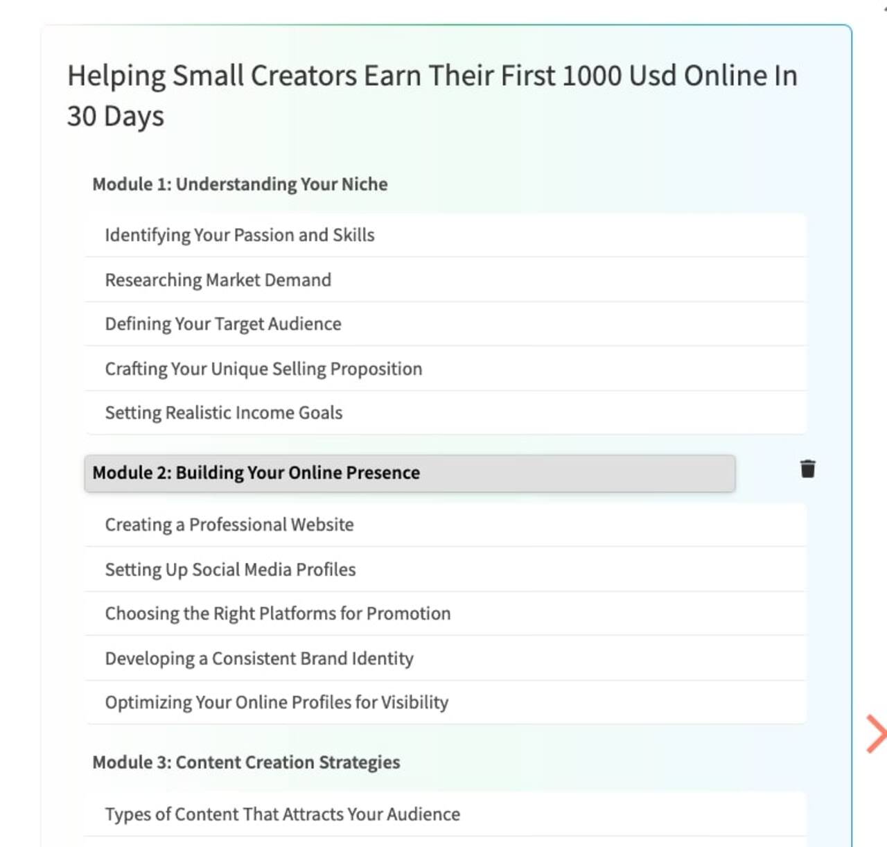 Heights AI generated course outline with modules and lessons structure