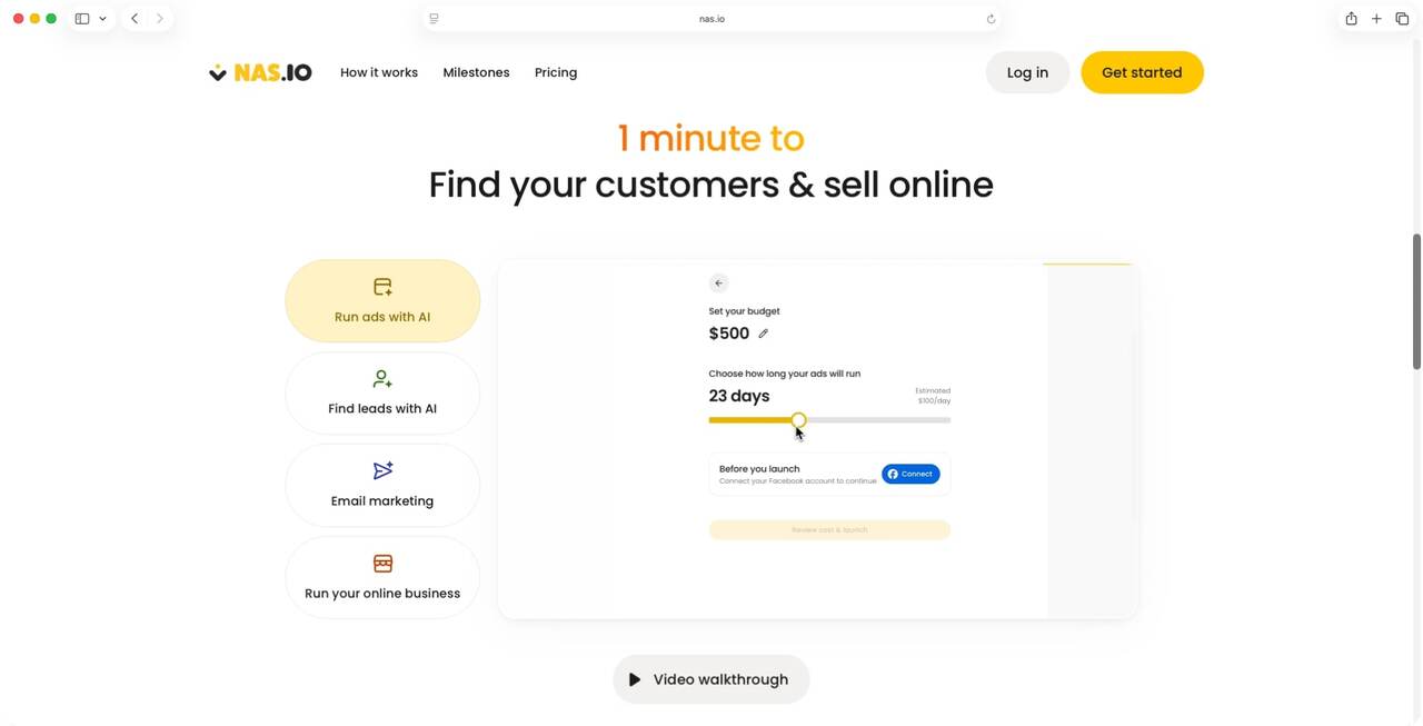 Nas.com platform homepage screenshot showing AI-powered digital business tools