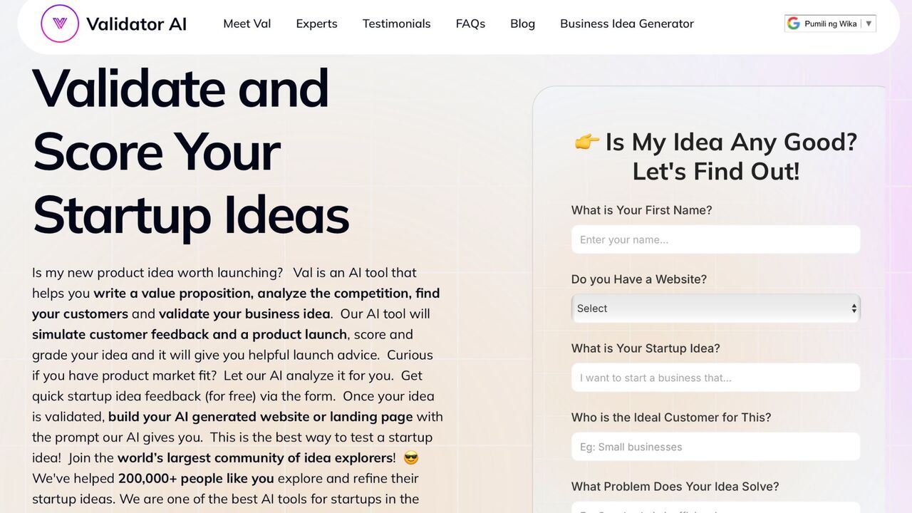 Screenshot of Validator AI website