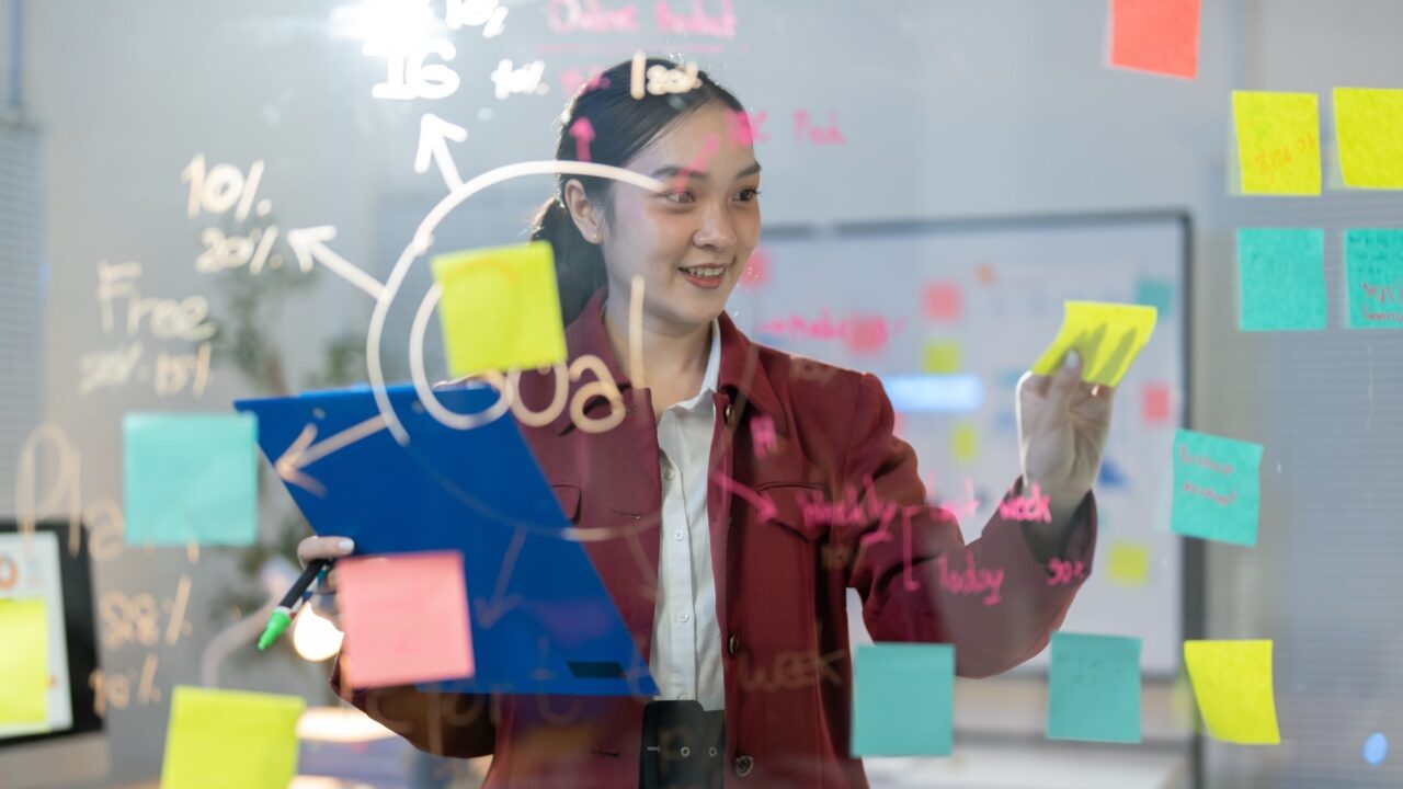 Woman mapping out ideas with sticky notes and planning strategy