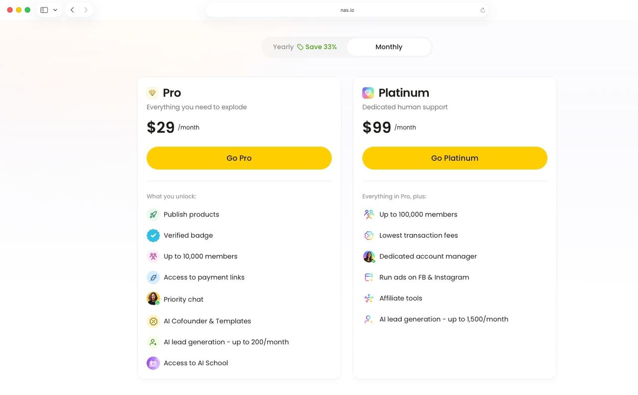 Nas.com pricing plans comparison showing Pro and Platinum tiers