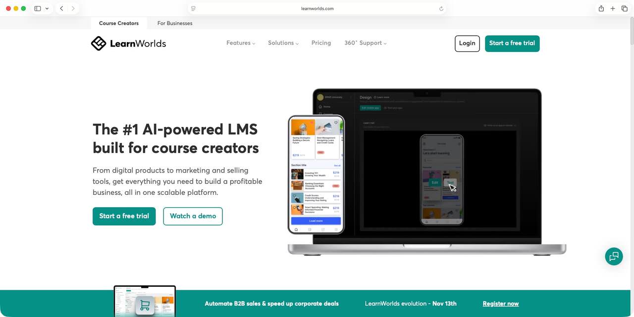 LearnWorlds platform homepage showing LMS and course creation features