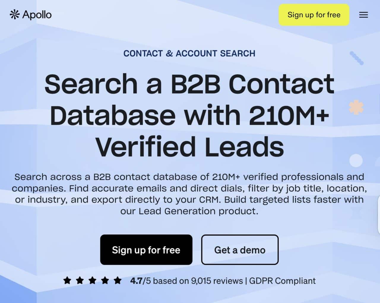 Apollo.io interface showing B2B lead database and search filters