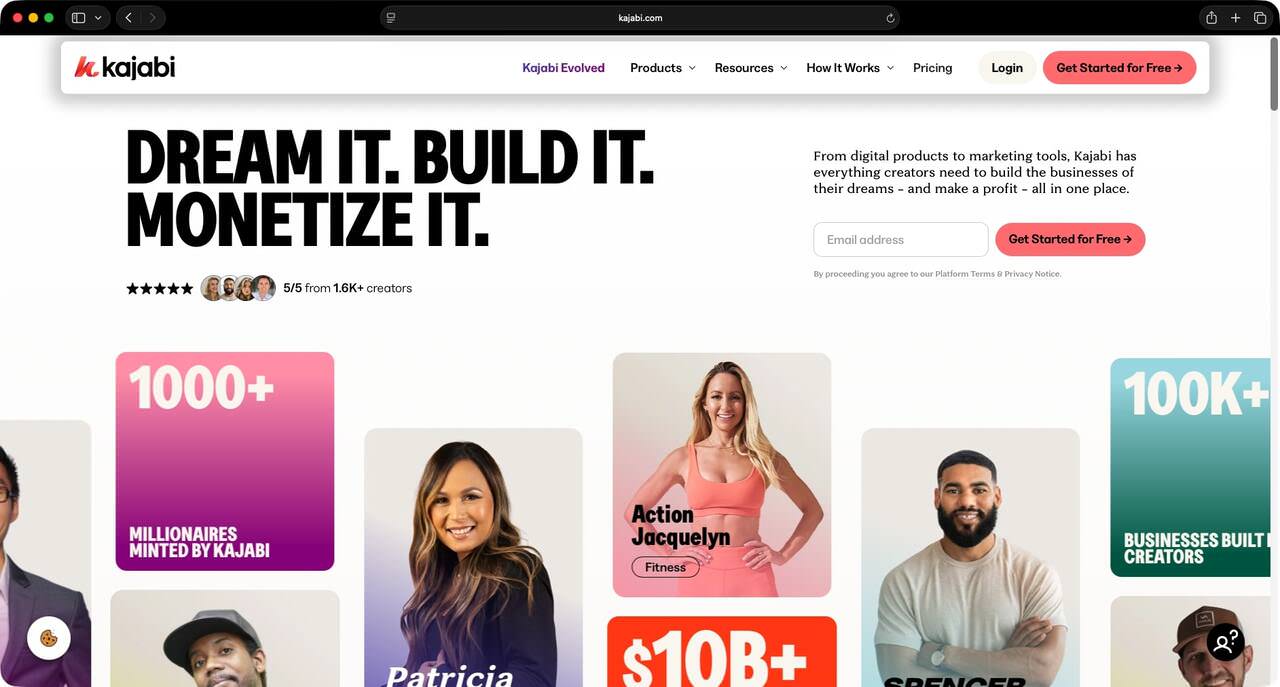 Kajabi platform homepage displaying all-in-one marketing and course tools