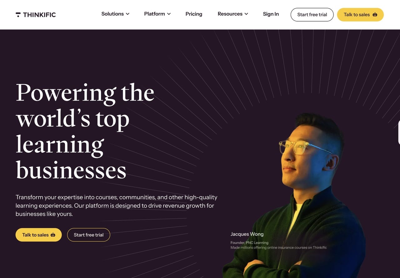 Thinkific screenshot showing online course platform interface