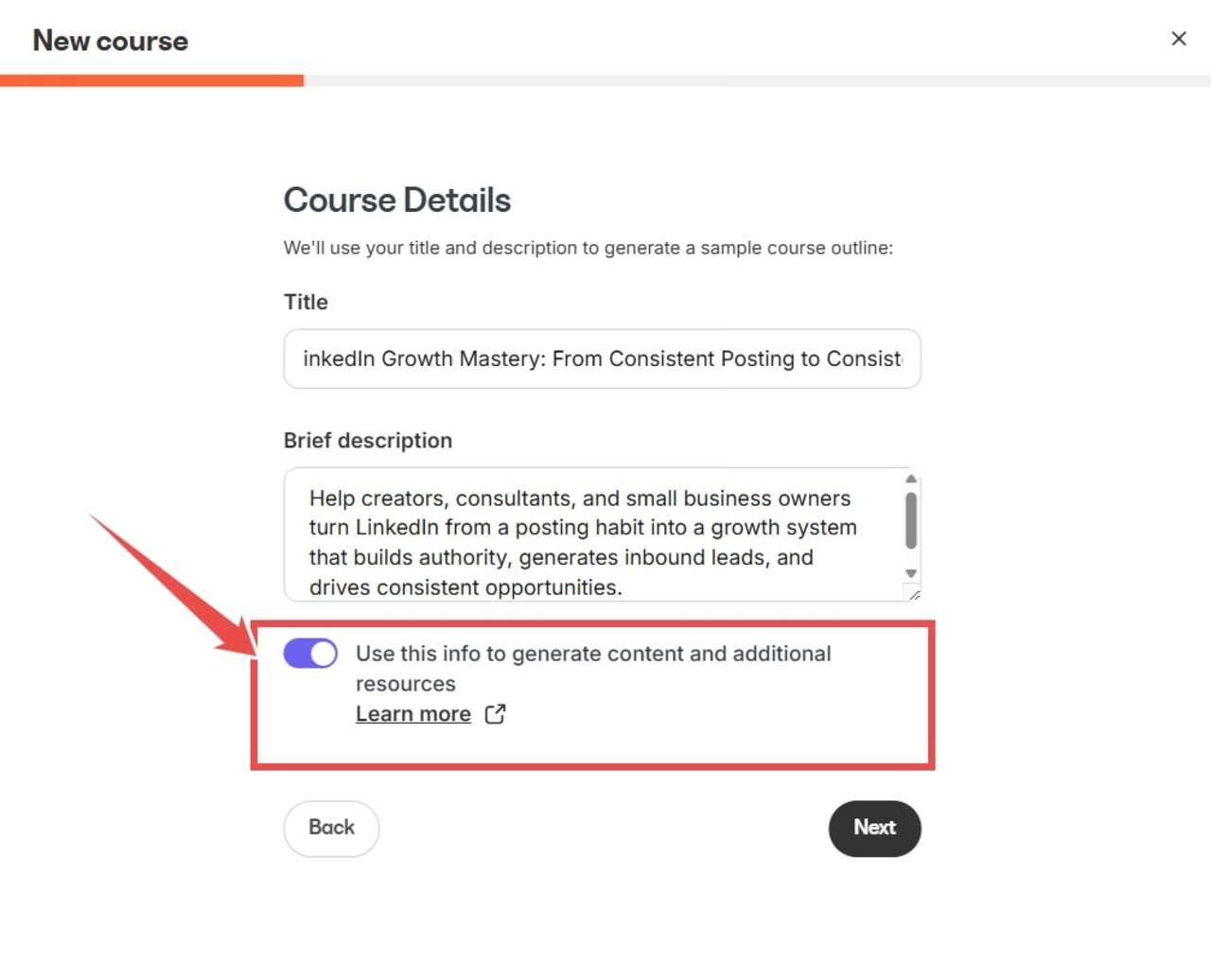 Kajabi AI course builder interface showing title and description fields