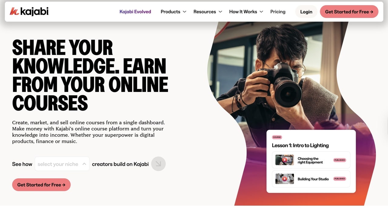 Kajabi screenshot showing online course platform dashboard