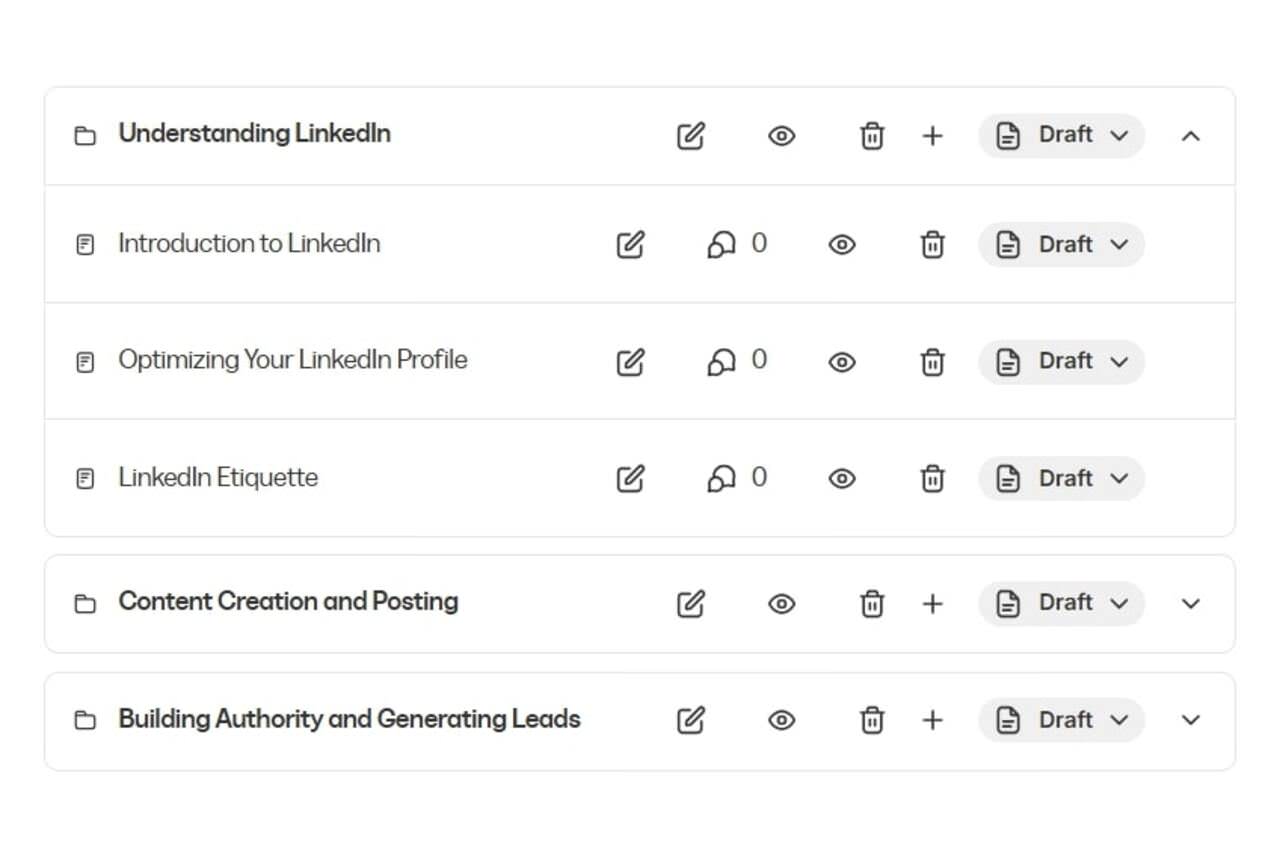 Example of Kajabi AI-generated course outline with basic structure