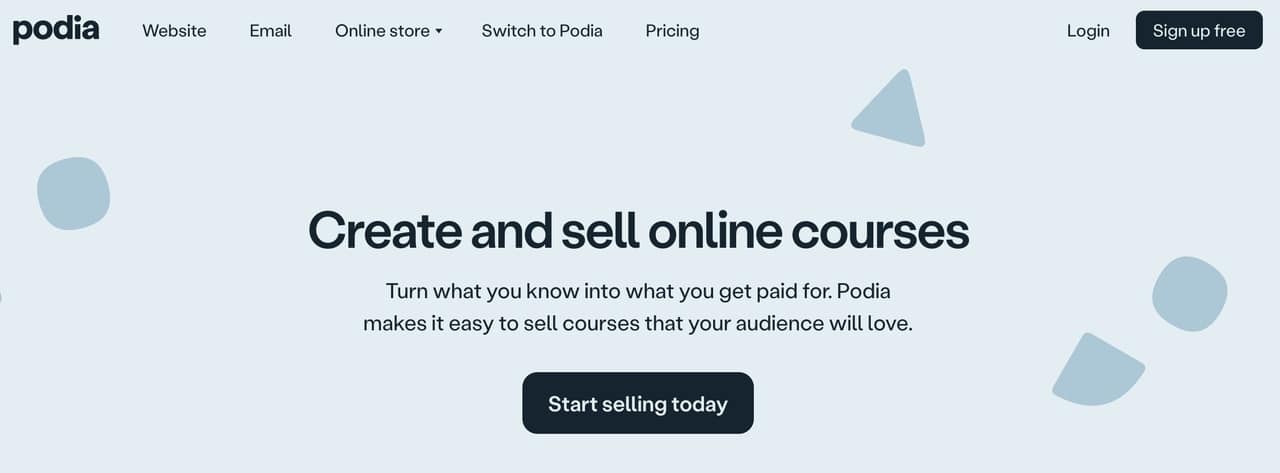 Podia screenshot showing online course selling platform