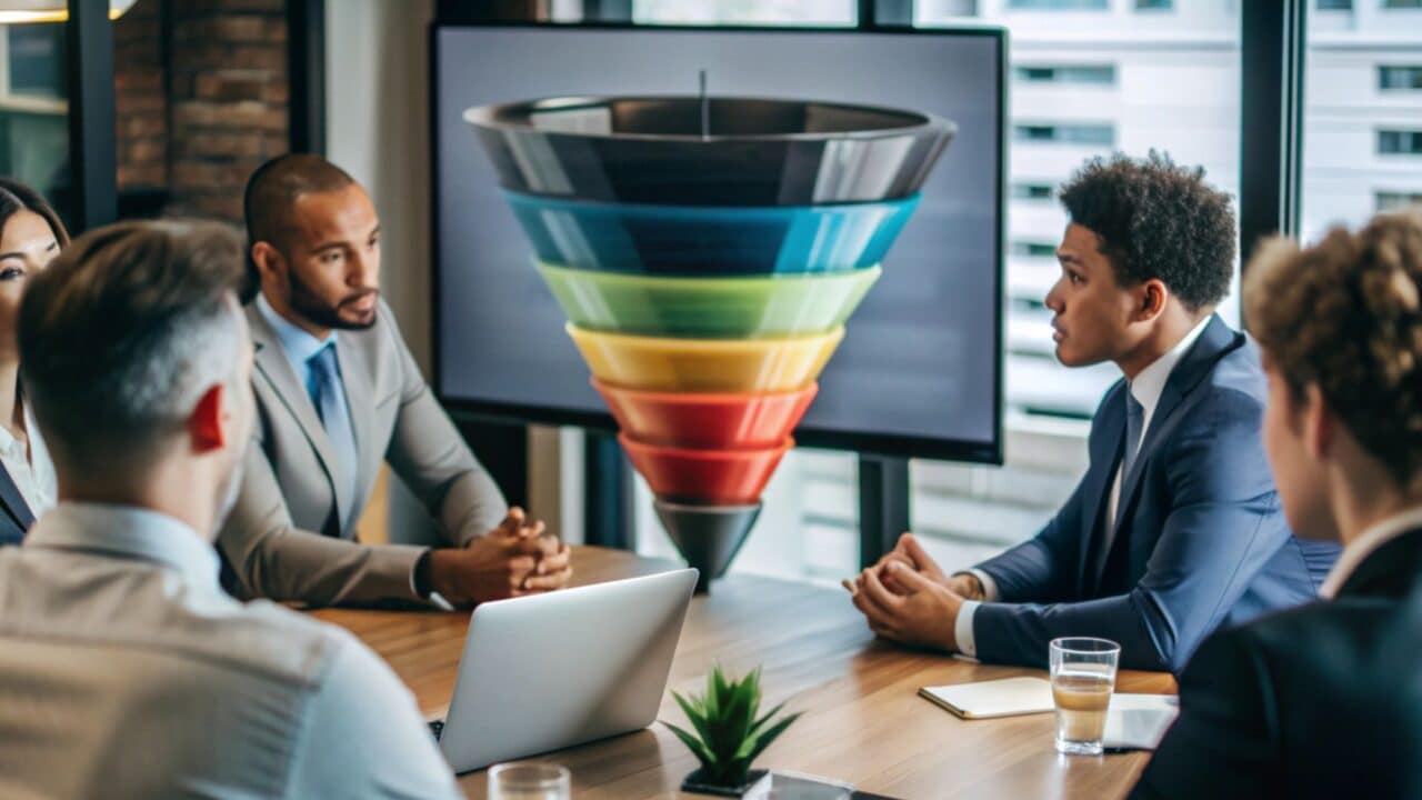 8_business_team_reviewing_colorful_marketing_funnel_on_screen