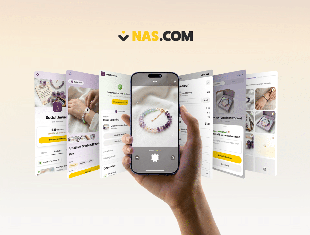 Nas.com platform showing photo-to-storefront: a hand holding a phone taking a photo of a bracelet, surrounded by screens showing the storefront, checkout, and order management