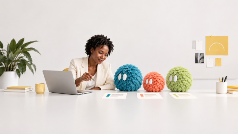 A human marketing manager reviews work beside three colorful AI employee agents.