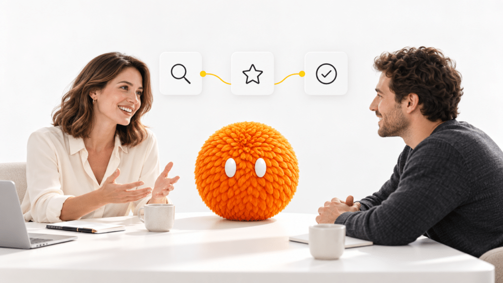 A founder and customer discuss distribution strategy with an orange Nas AI agent.