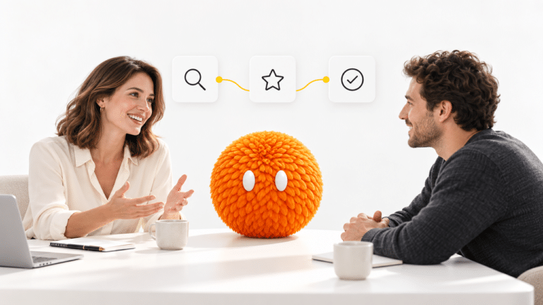A founder and customer discuss distribution strategy with an orange Nas AI agent.