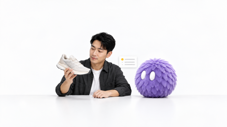 A shopper examines a running shoe beside a lilac feathered AI agent, illustrating how AI is changing marketing.