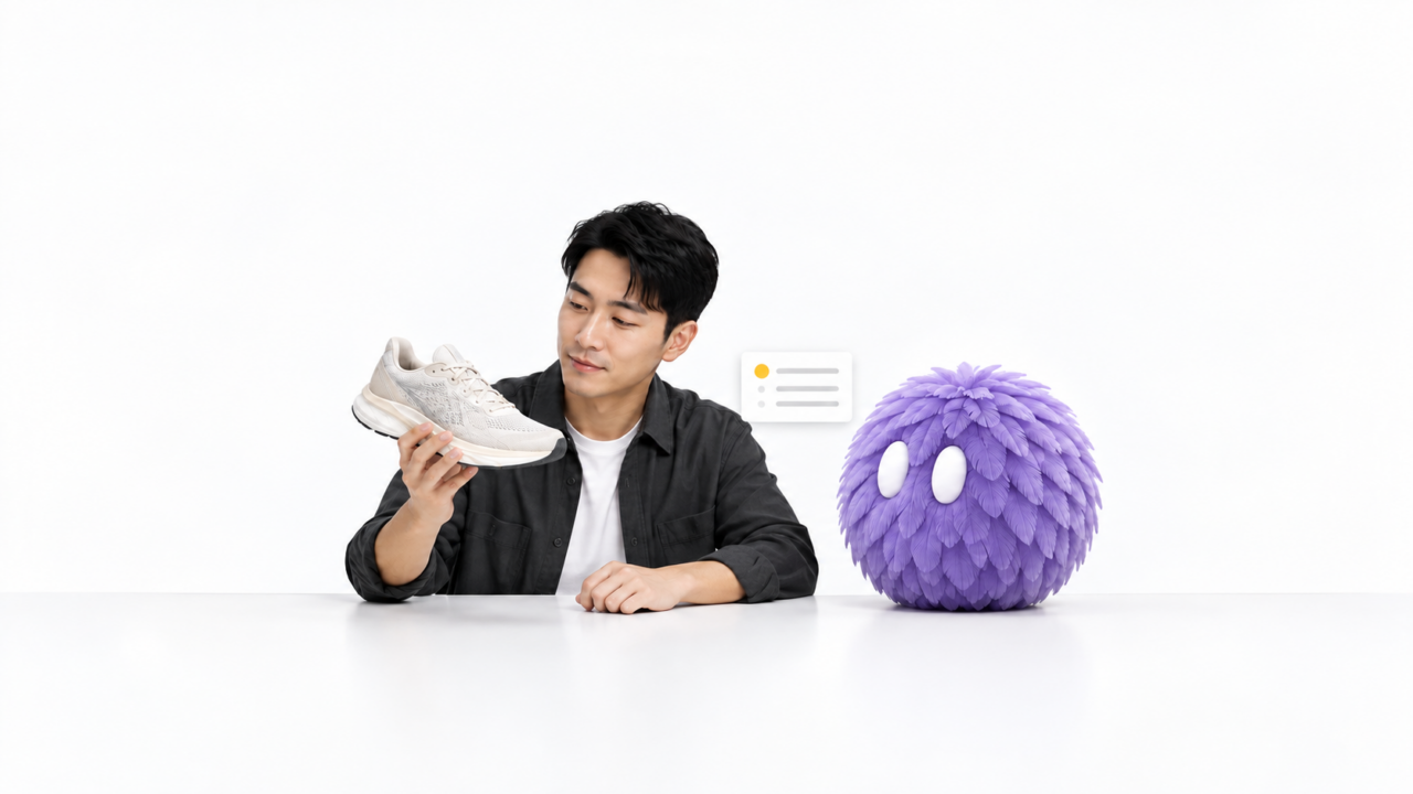 A shopper examines a running shoe beside a lilac feathered AI agent, illustrating how AI is changing marketing.