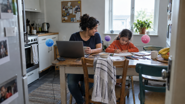 Parent working on a laptop at home beside a child with Nas AI agents nearby.