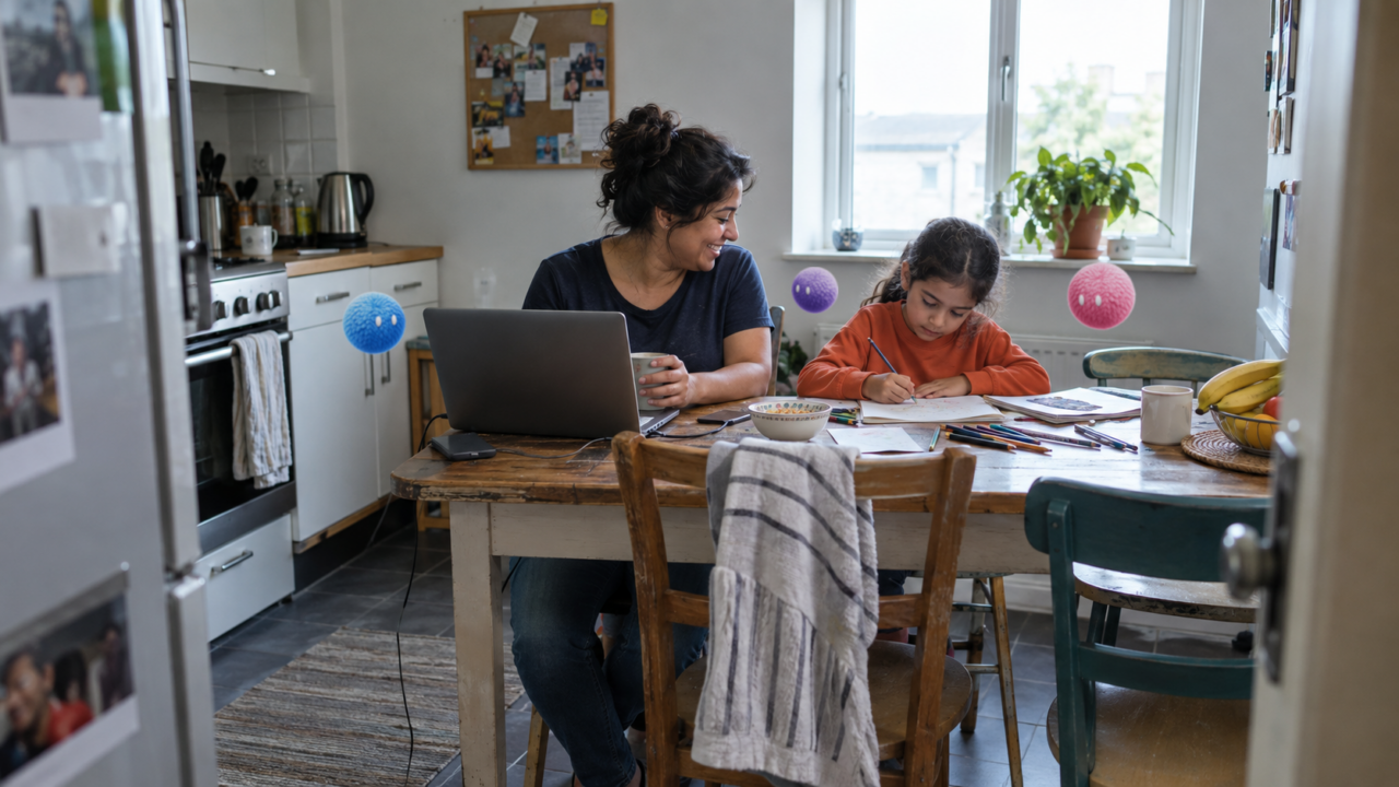 Parent working on a laptop at home beside a child with Nas AI agents nearby.
