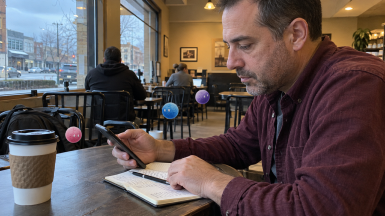 Man researching on his phone in a cafe with Nas AI agents nearby.